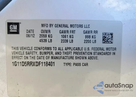 2013 Chevrolet Malibu 1Lt из США, поврежденный, VIN 1G11D5RRXDF118401